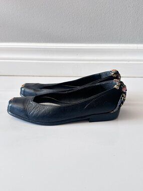 Vintage 70S Black Floral Needlepoint Flats, Women's Size 5.5, Faux Black Leather